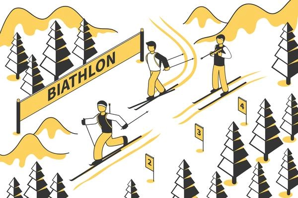 Biathlon competition with three biathlonists going down hill 3d isometric vector illustration