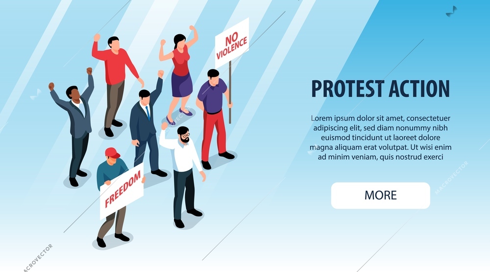 Protest action horizontal banner with protesters holding posters asking for freedom 3d isometric vector illustration