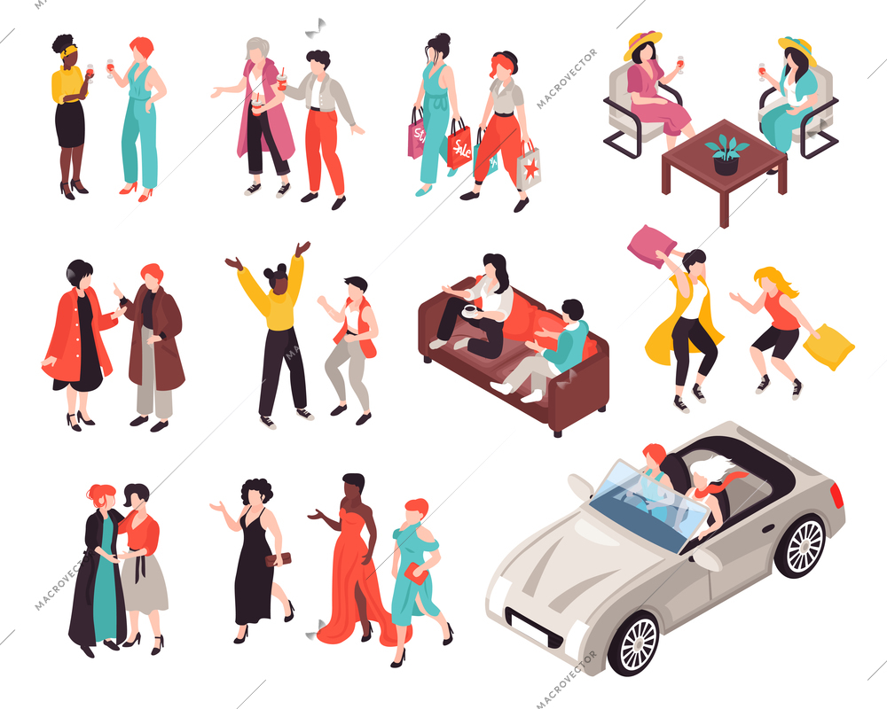 Women friends set with leisure symbols isometric isolated vector illustration