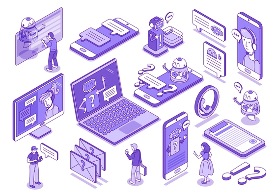 Chatbot technical support set with technology symbols isometric isolated vector illustration