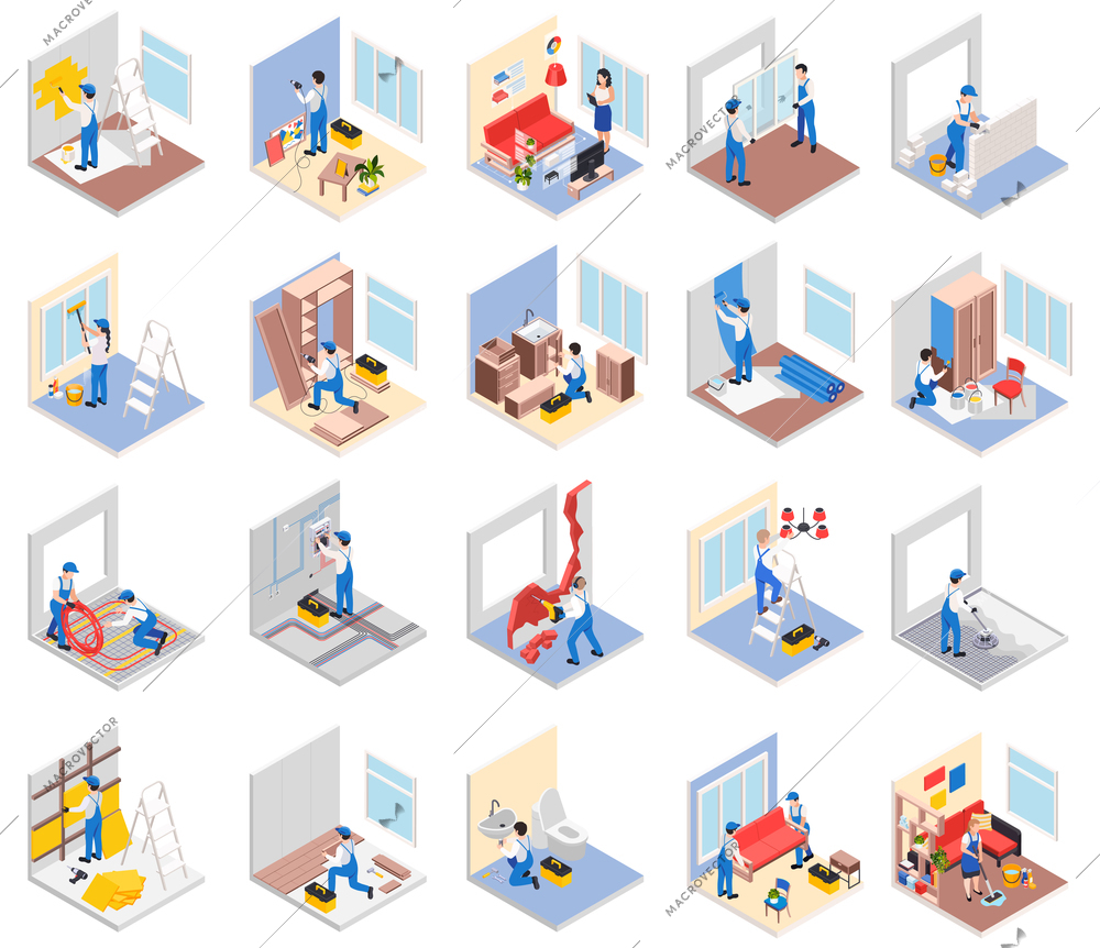 Renovation repair works set of isometric icons characters of finishing workers and living room windows furniture vector illustration