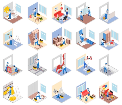 Renovation repair works set of isometric icons characters of finishing workers and living room windows furniture vector illustration