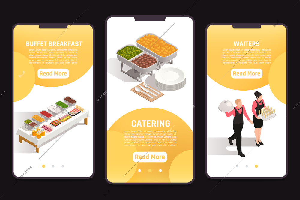 Catering service banquets events celebrations 3 isometric mobile screen banners with buffet corporate lunch waiters vector illustration