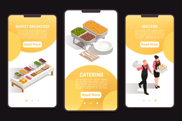 Catering service banquets events celebrations 3 isometric mobile screen banners with buffet corporate lunch waiters vector illustration