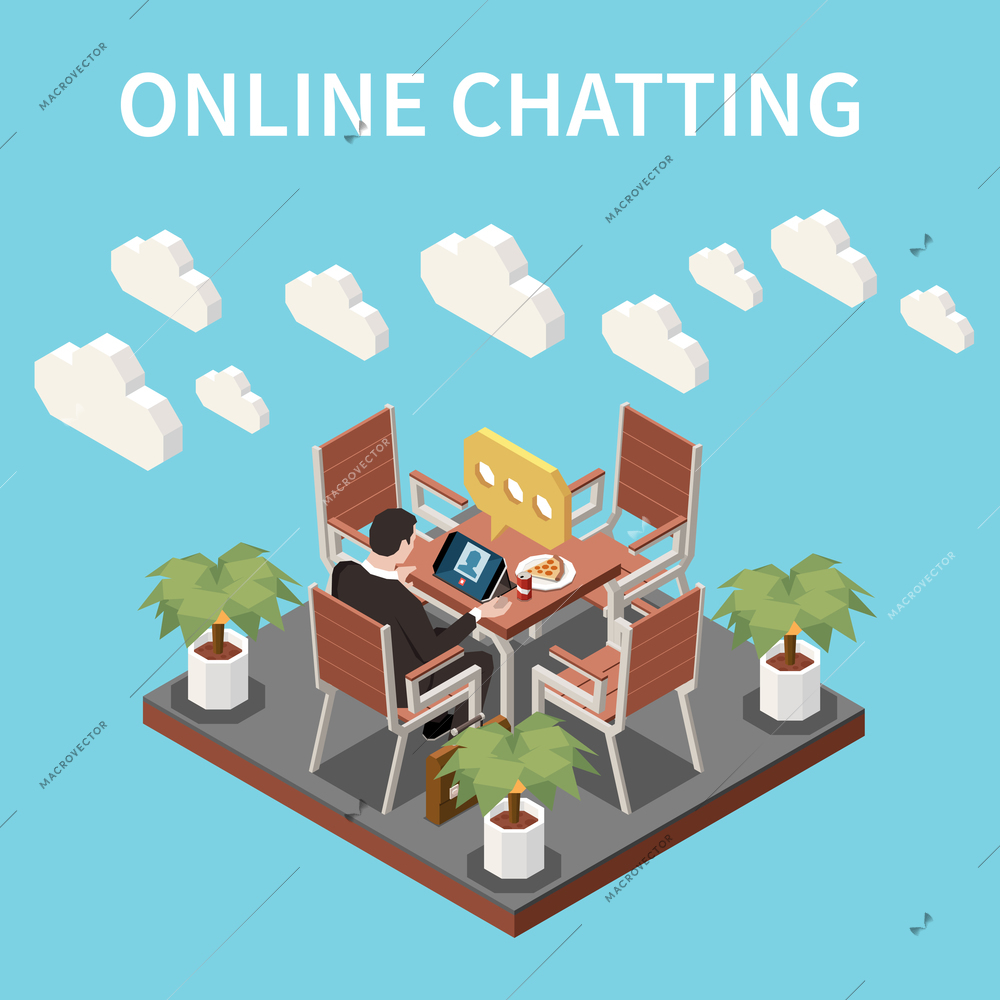 Online chatting isometric background with male character sitting in cafe and communicating with his friend using pad vector illustration