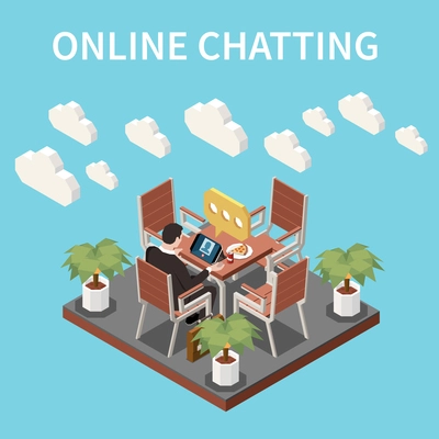 Online chatting isometric background with male character sitting in cafe and communicating with his friend using pad vector illustration