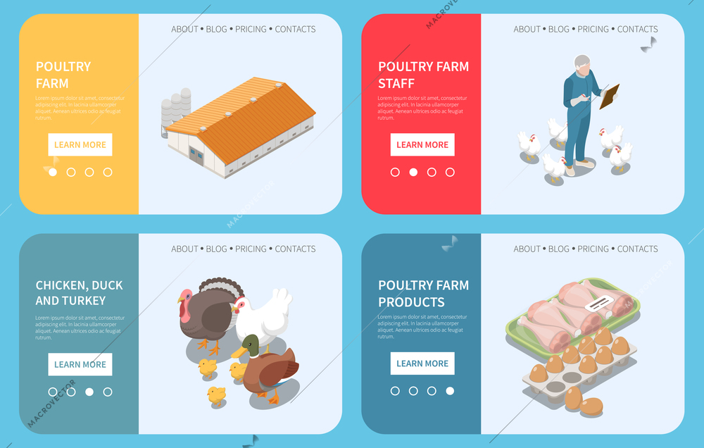 Poultry farm web banners with information about farm staff pets and product price  isometric vector illustration