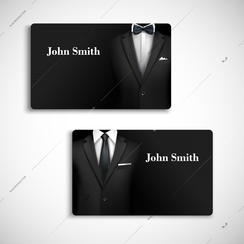 Classic design card collection businessman luxury style black suit with shirt, tie and bow-tie vector illustration