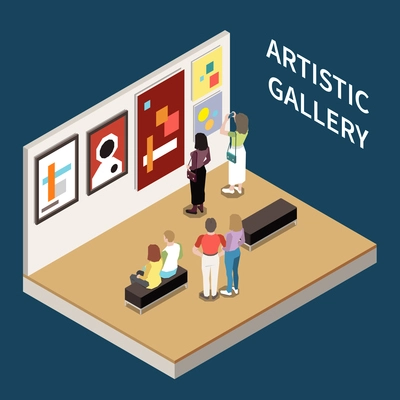 Artistic gallery isometric background with people looking pictures of modern artists vector illustration