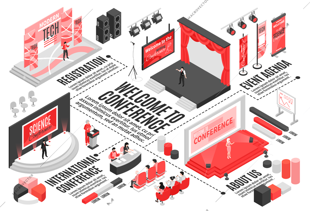 Isometric conference hall horizontal flowchart composition with text captions graph elements stages seats and visitor characters vector illustration