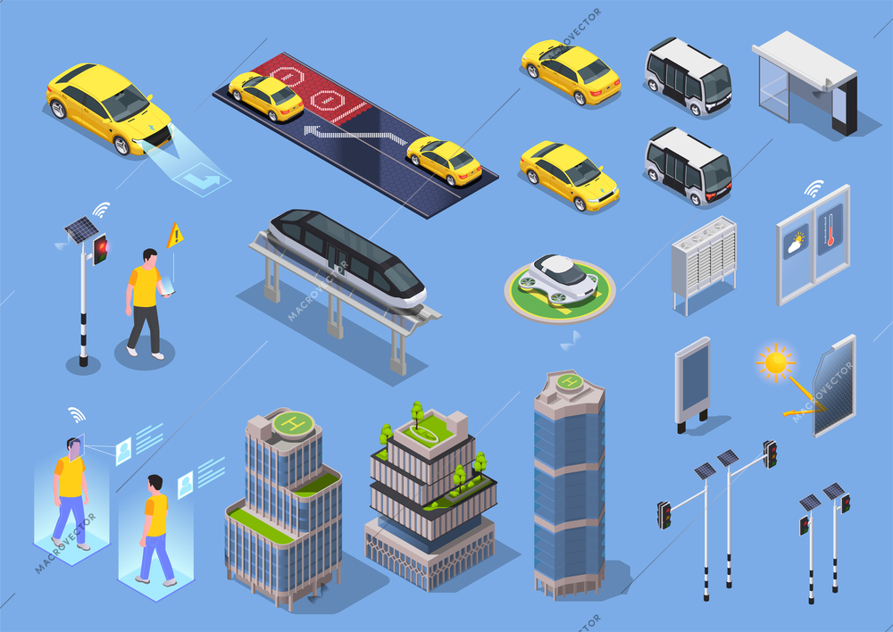 Smart city technologies isometric set of isolated remote car icons tall buildings with helipads and people vector illustration