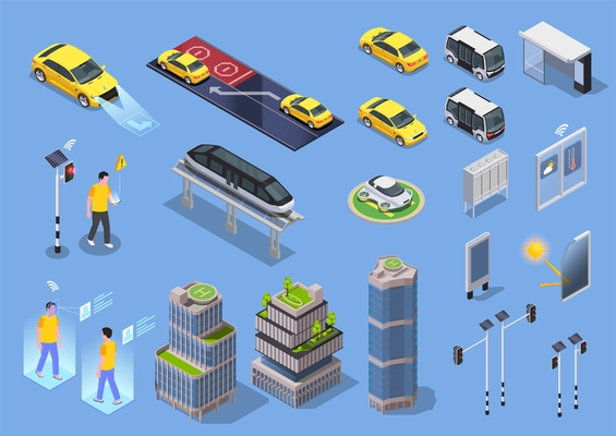 Smart city technologies isometric set of isolated remote car icons tall buildings with helipads and people vector illustration