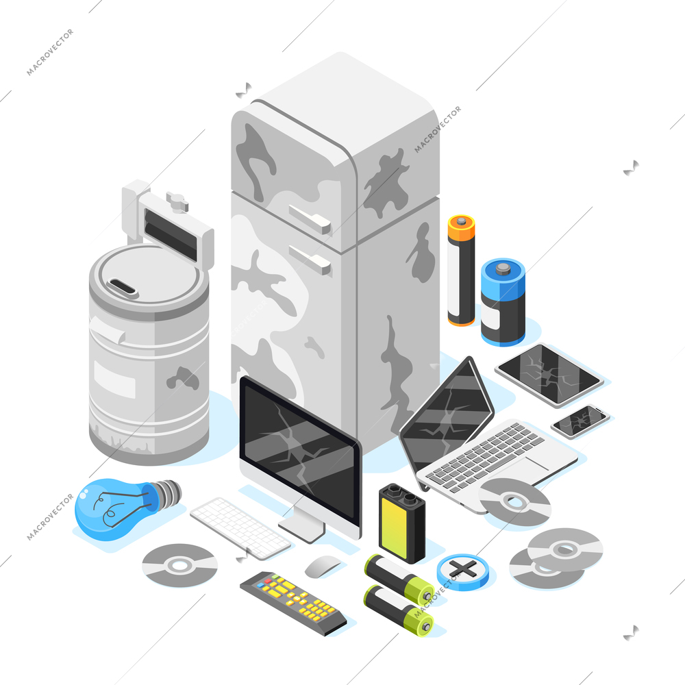 Electronic garbage isometric background with images of used consumer electronics computers and gadgets with dead batteries vector illustration