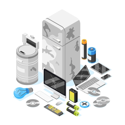 Electronic garbage isometric background with images of used consumer electronics computers and gadgets with dead batteries vector illustration