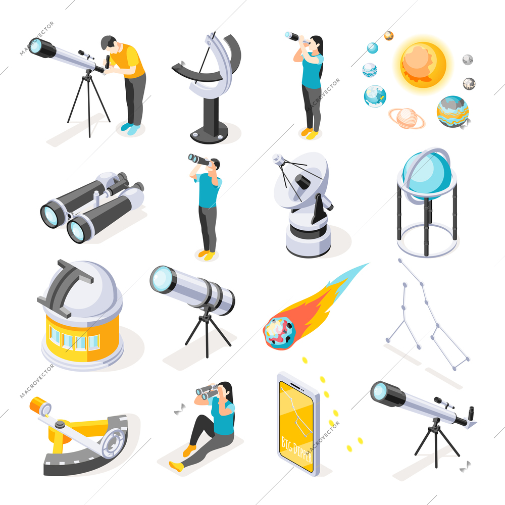 Astronomy isometric icons collection with isolated images of telescopes planets and people with modern observational equipment vector illustration