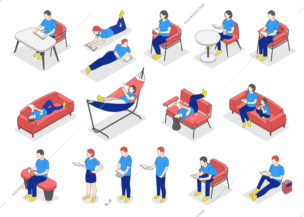 Reading people isometric set of isolated icons with faceless human characters reading books in various poses vector illustration