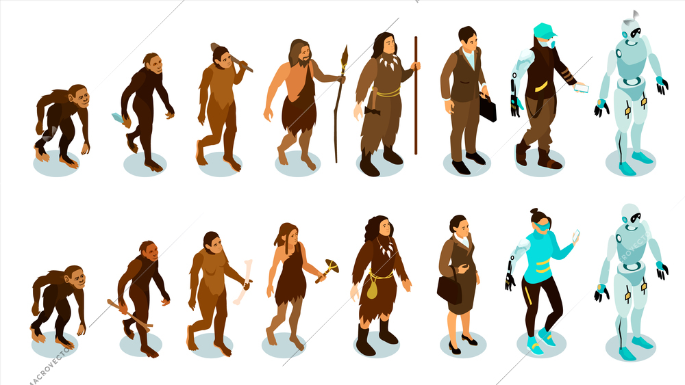 Isometric human evolution set with isolated characters of ancient men and modern people evolving into robots vector illustration