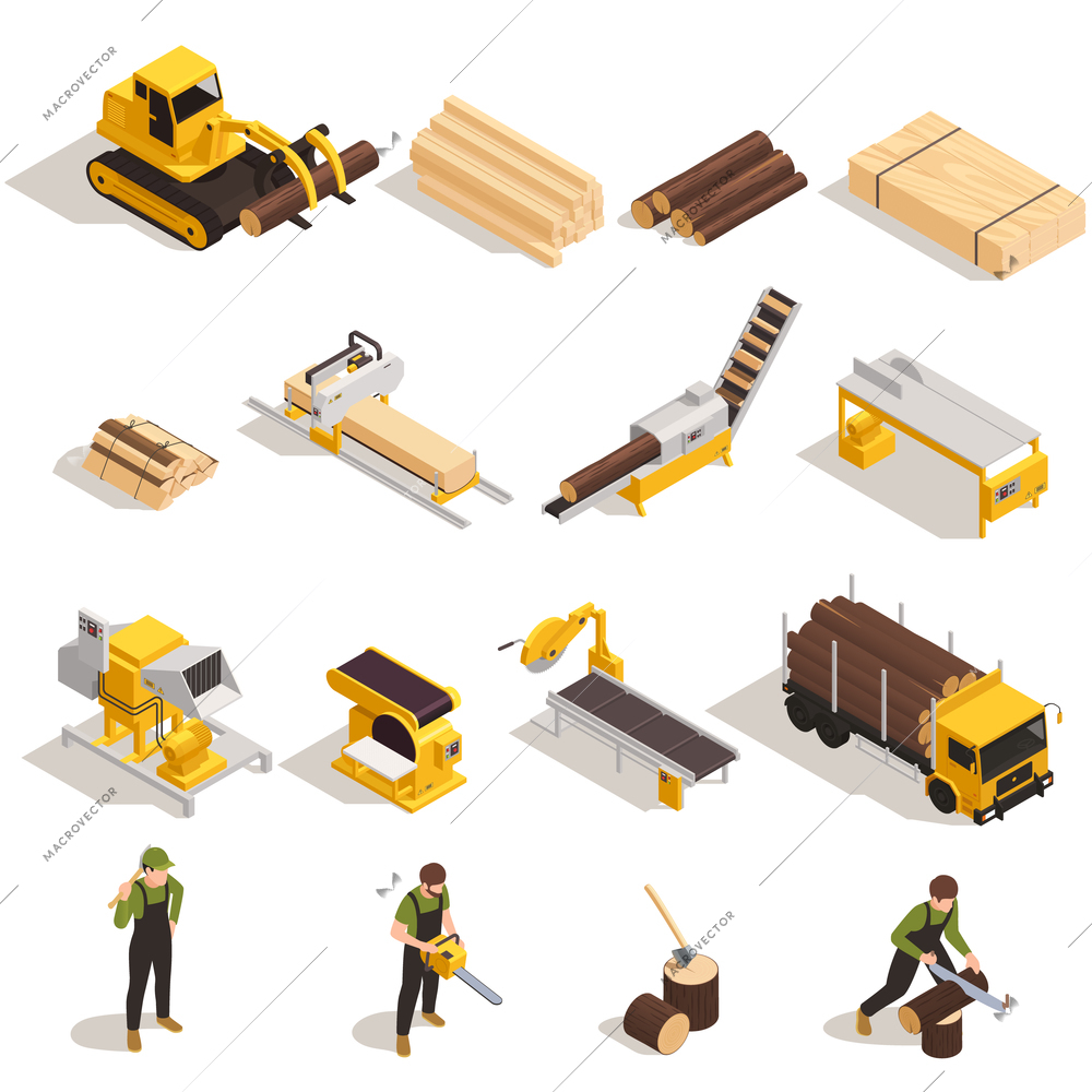 Lumberjack with saw machinery for wood working and transportation isometric icons set 3d isolated vector illustration