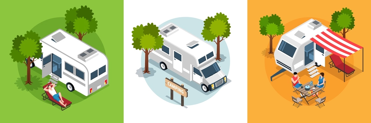 Isometric family trip design concept with views of camper vans in wild locations with relaxing people vector illustration