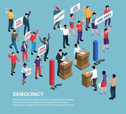 Isometric political systems background with characters of people holding placards with candidates names and bar charts vector illustration