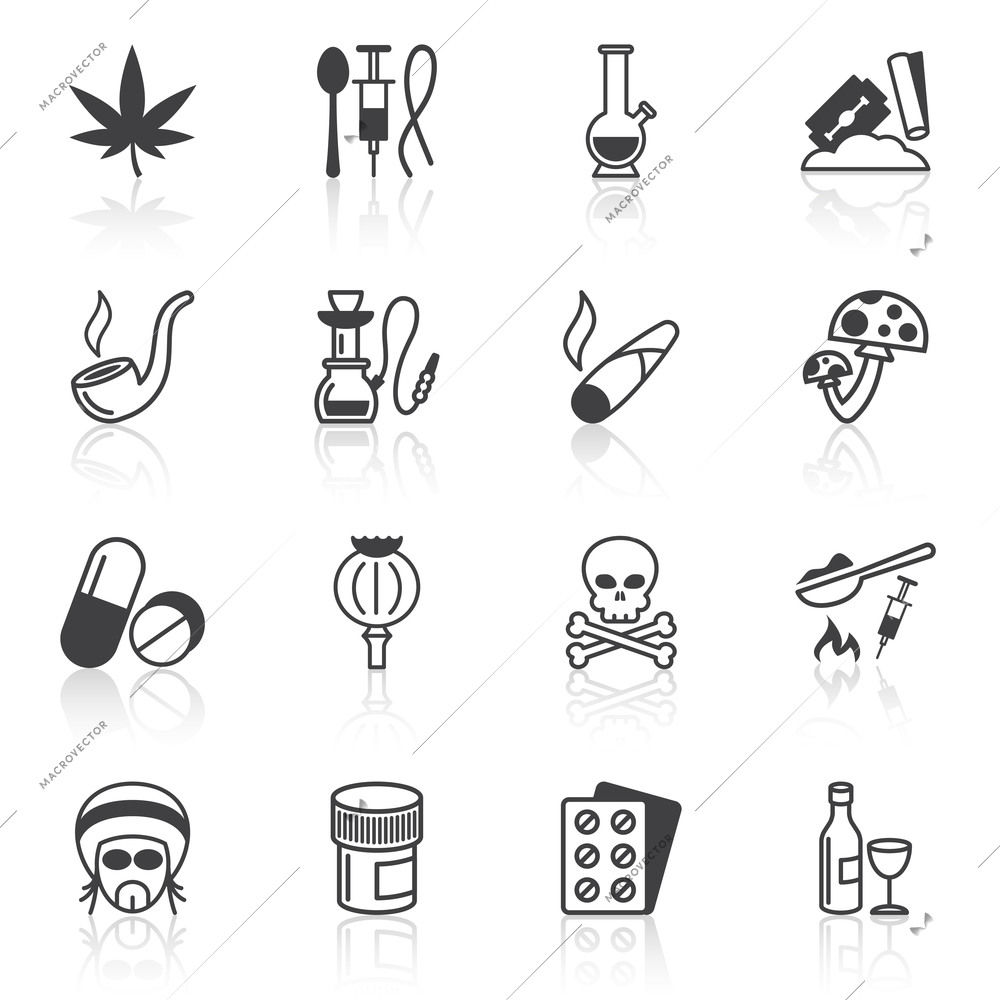 Abuse addictive poison death drugs antidepressant icons black set isolated vector illustration