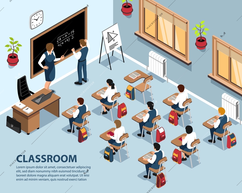 Isometric school background with indoor scenery pupils sitting at desks and teacher solving exercise at blackboard vector illustration