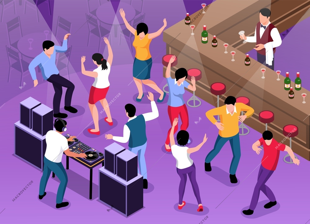 Isometric dj composition with view of bar with counter and dancing people with playing disk jockey vector illustration