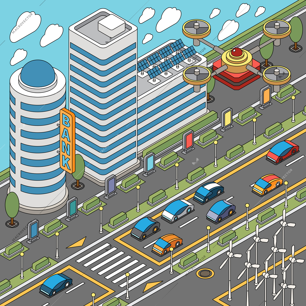 Coloring pages modern city composition with flying drone and skyscrapers with cars on road and pavement vector illustration