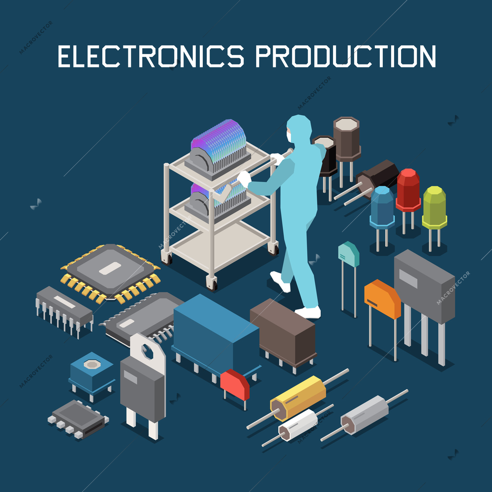 Semiconductor chip production isometric composition with icons of circuit elements editable text and character of worker vector illustration