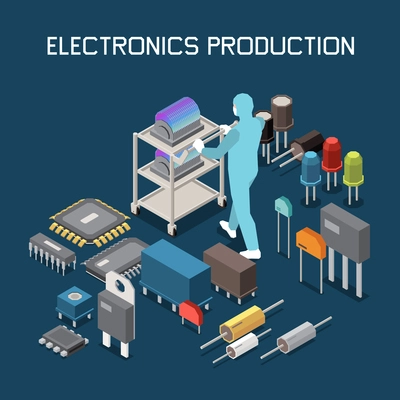 Semiconductor chip production isometric composition with icons of circuit elements editable text and character of worker vector illustration
