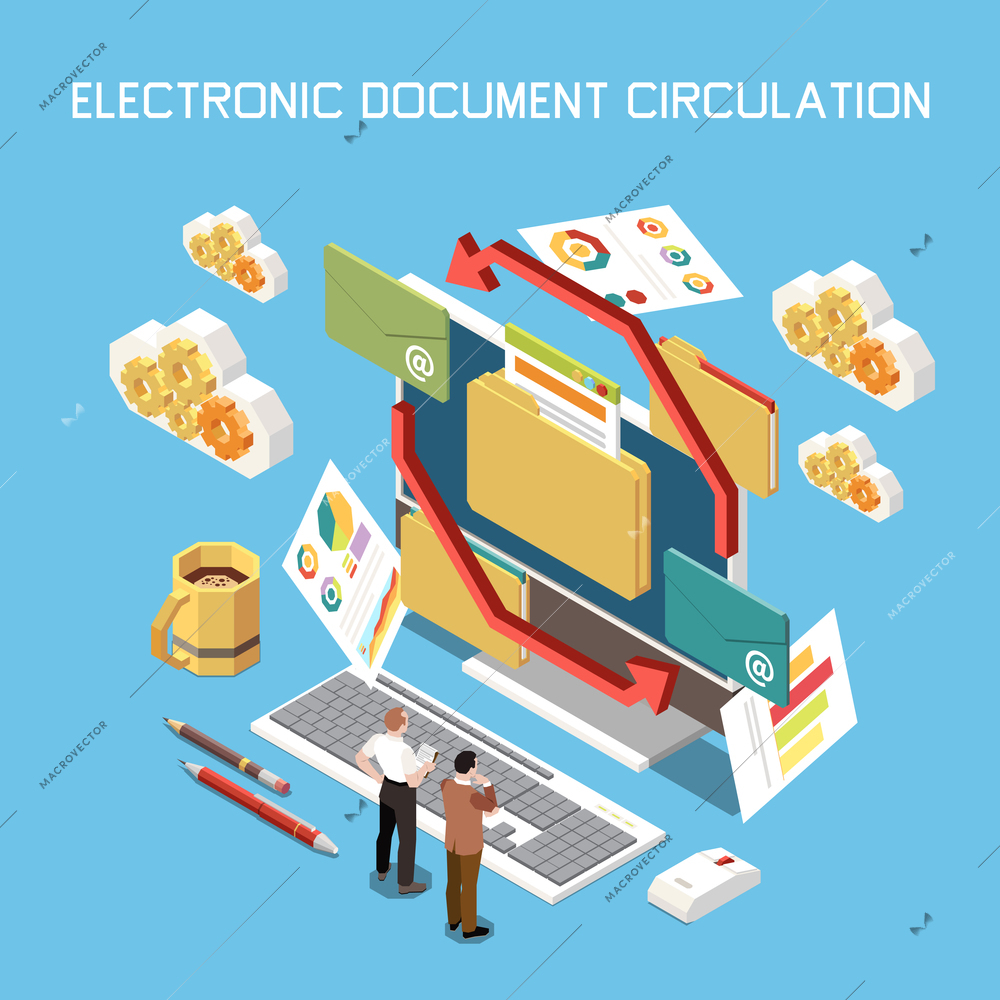 Project management isometric composition with editable text and icons of gear clouds folders documents and arrows vector illustration