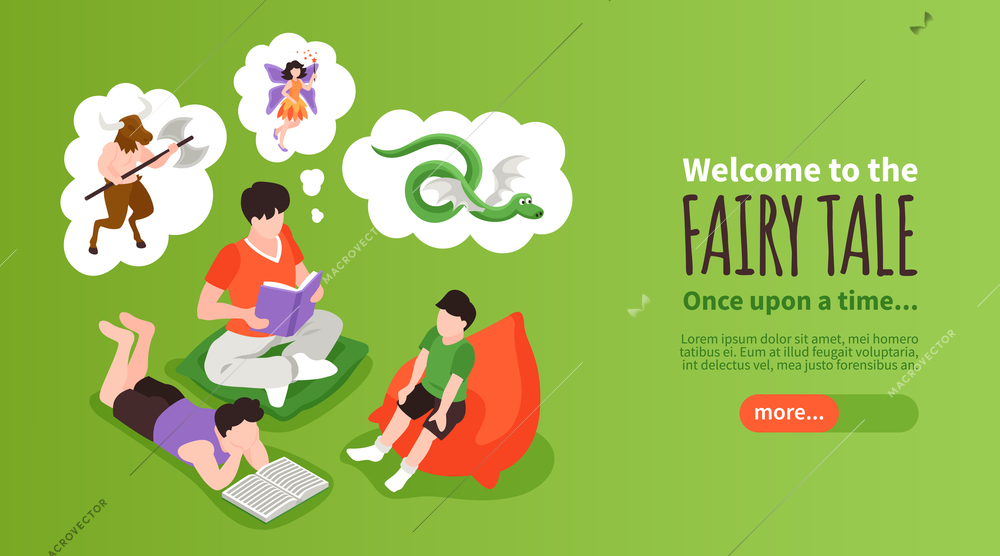 Isometric fairy tale story horizontal banner with characters of kids with thought bubbles text and button vector illustration