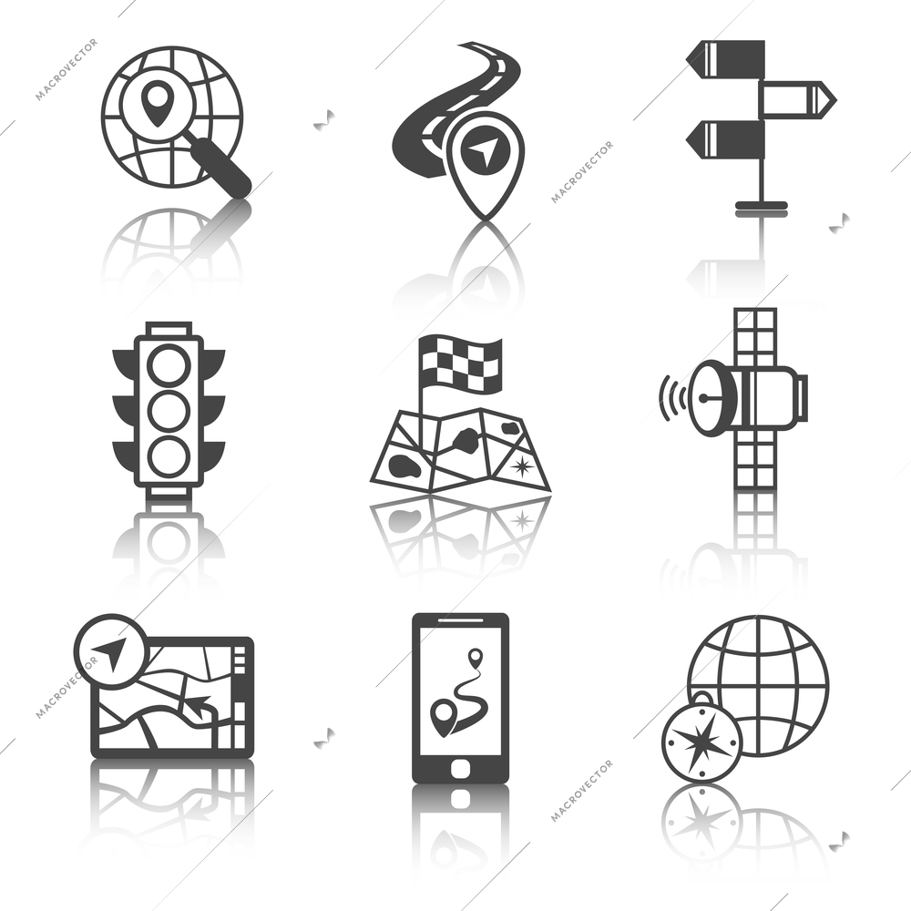 Mobile gps route navigation and travel black and white icons set isolated vector illustration