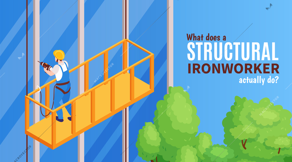 Structural ironworker banner with work concept symbols isometric vector illustration