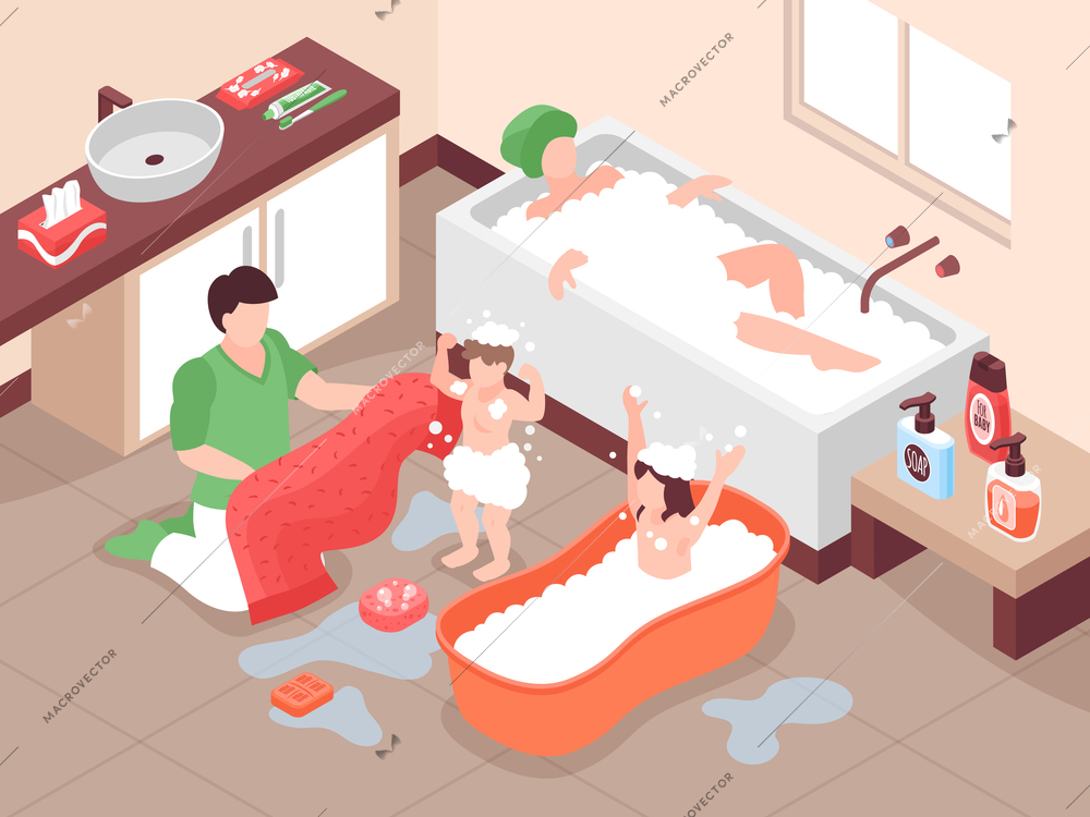 Isometric hygiene composition with bathroom scenery and characters of adults and kids taking bath with foam vector illustration