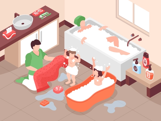 Isometric hygiene composition with bathroom scenery and characters of adults and kids taking bath with foam vector illustration