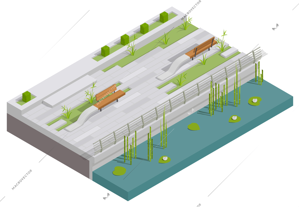 Landscape design isometric composition with isolated piece of embankment with metal fence wooden benches and plants vector illustration