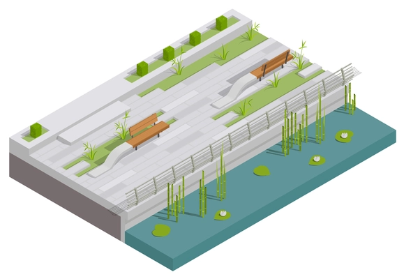 Landscape design isometric composition with isolated piece of embankment with metal fence wooden benches and plants vector illustration