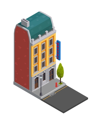 Suburban city buildings isometric composition with isolated image of apartment house exterior with signboard and pavement vector illustration