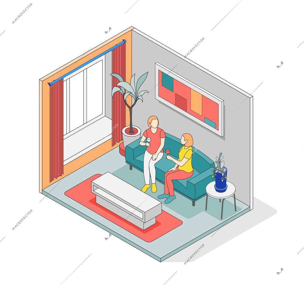 Self care concept isometric composition with isolated room with walls and two people inside vector illustration