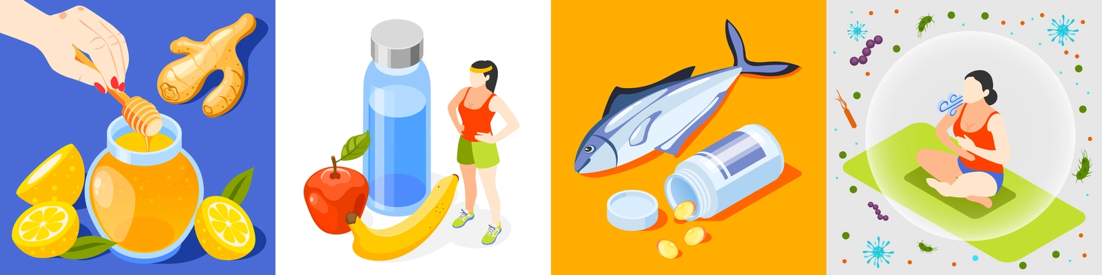 Strengthening immunity isometric icon set with honey and citruses sport and healthy food fish and vitamins yoga and correct breathing vector illustration