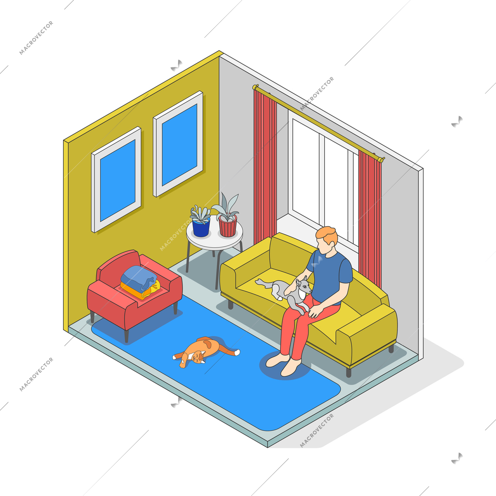 Hygge lifestyle isometric isolated composition with man on the couch with two cats vector illustration