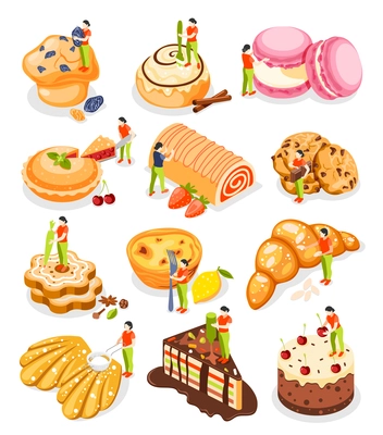 Bakery people isometric icon set with mini baker prepares and decorates pastries vector illustration