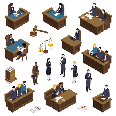 Isometric lawyer court justice law set of isolated book icons and characters of attorneys and judge vector illustration