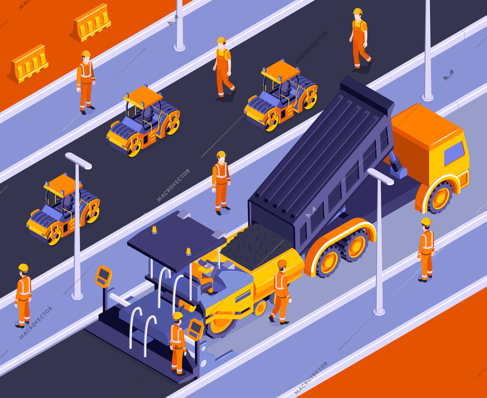 Isometric road construction composition with outdoor scenery and road machinery with characters of builders in uniform vector illustration