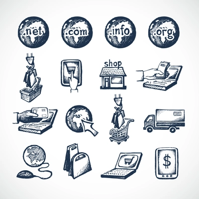 Business internet online shopping icons set of store domains product purchase paying and global delivery sketch vector illustration