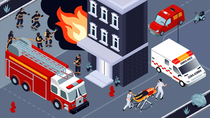 Firefighting isometric vector illustration with brigades of firefighters and ambulance service engaged in extinguishing of burning building and saving lives of victims