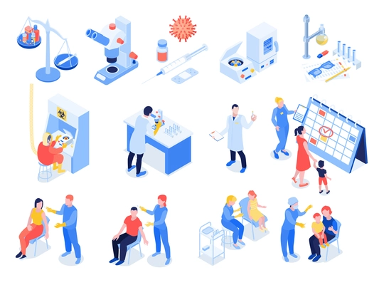 Vaccination isometric set of equipment for scientific researches and medical staff vaccinates patients isolated vector illustration