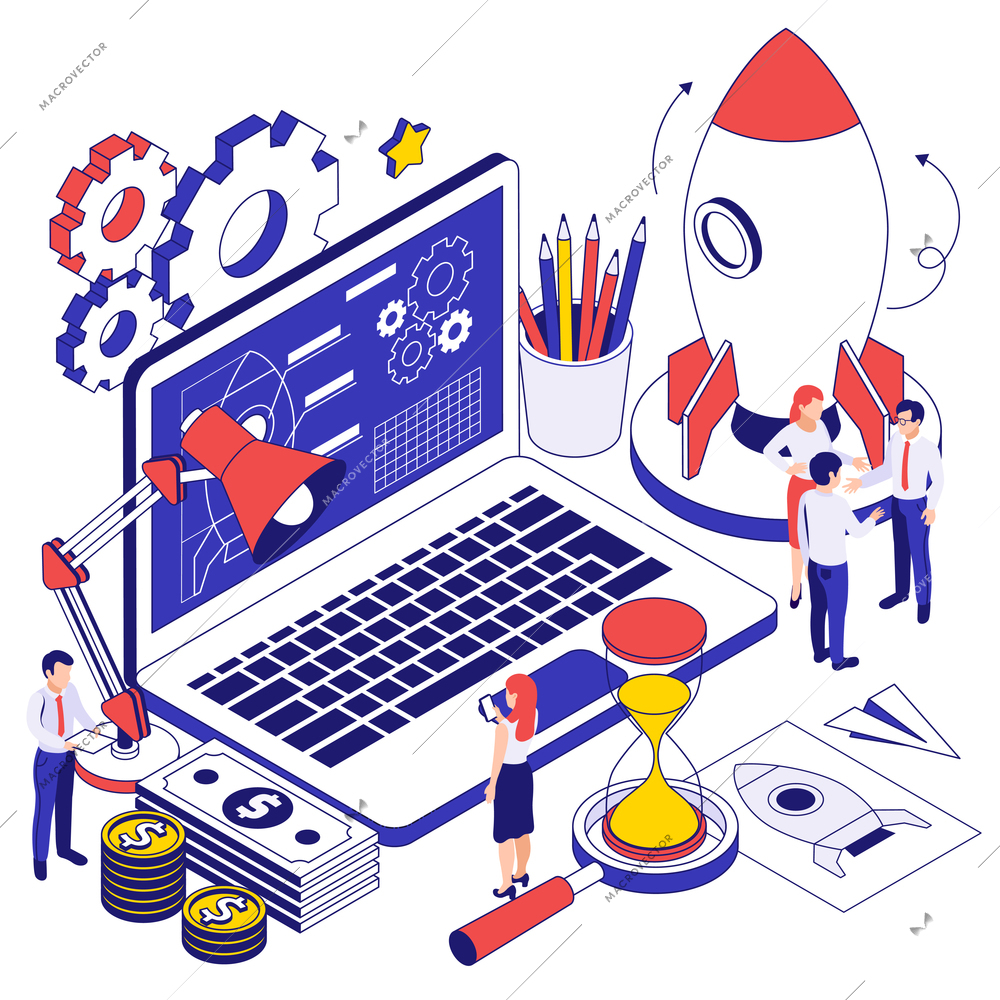 Business startup isometric design concept with hi tech program app on laptop screen rocket and gears icons vector illustration