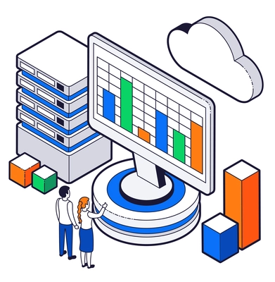 Big data isometric design concept with young scientists analyzing statistics using cloud technology 3d vector illustration